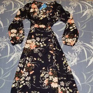 Kelsi Floral Navy Print Chiffon Wrap Maxi Dress - CUPSHE Size: Small